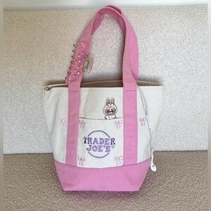 Trader Joe's Custom Pastel Mini Tote Labubu Ribbon Bow Embroidered Tote Pink